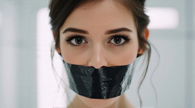 Close Up Portrait of Young Woman with Wide Eyes and Black Tape Over Mouth in Bright Room