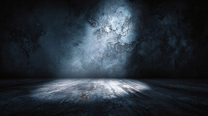 A mysterious and moody atmosphere with a dark concrete wall and floor. A single spotlight shines brightly on the wall and floor