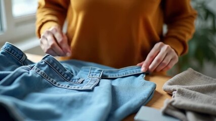 Skilled worker restoring jeans in professional setting, Craftsman diligently repairs denim fabric in studio environment, Detailed closeup of hands restoring worn denim jeans with precision and care