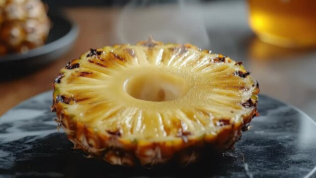 Close-up of a grilled pineapple slice with steam rising, delicious dessert.