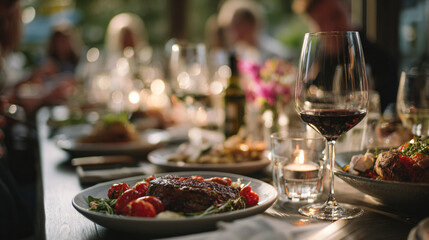 Elegant Steak Dinner at a Restaurant with Red Wine and Warm Blurred Social Atmosphere.