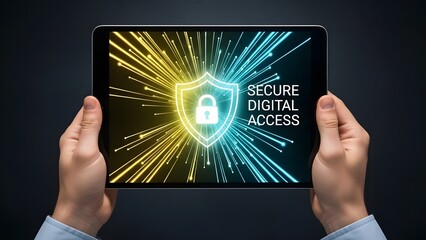 Tablet displaying secure digital access with shield and lock icon, glowing lights.