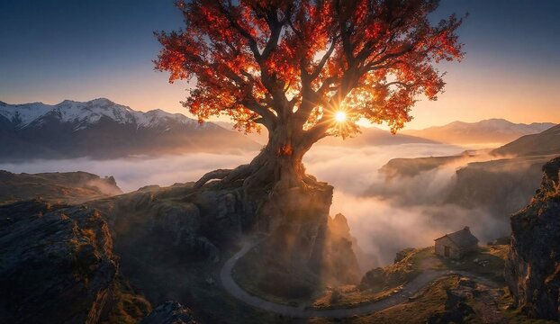 Epic Sunrise Landscape with Giant Ancient Autumn Tree on Rocky Cliff Overlooking Foggy Valley and Stone Hut
