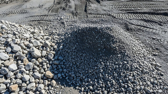 Large pile of small rocks and pebbles with tire tracks on gravel background - Ai Generated - Powered by Adobe