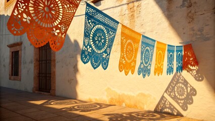 Colorful papel picado banners decorate a street in a historic town during daylight hours