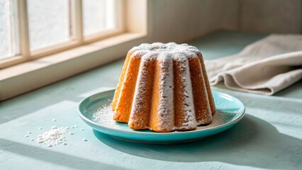 Decorative cake placed on a light blue plate near a window with natural light in the kitchen