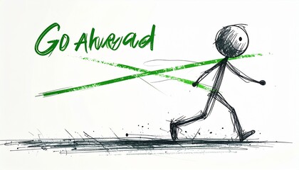 Inspirational minimalist doodle of a stick figure moving forward with a positive 'Go Ahead' message