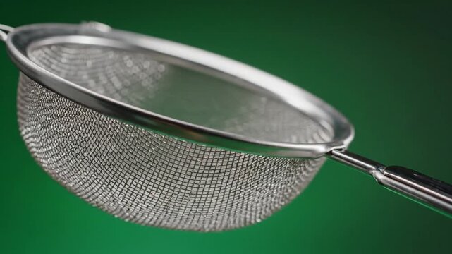 Stainless steel fine-mesh sieve with a long handle rests against a vivid green backdrop,  studio-lit