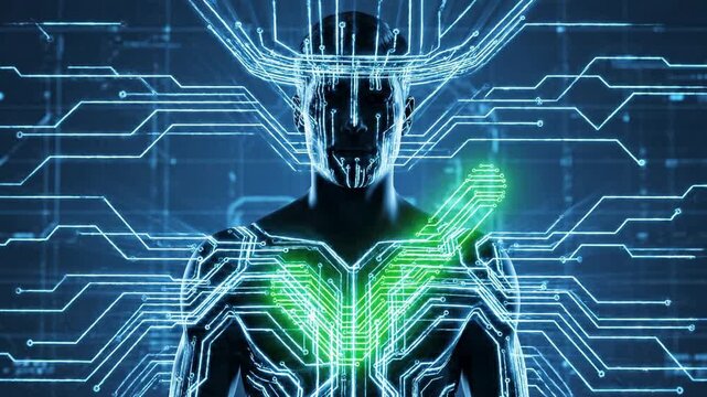 An abstract digital circuit board background featuring a technical blue light pattern and engineering blueprint lines for a computer network data science concept