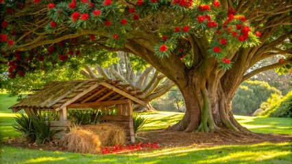 Red flowers fall under large tree beside wooden shelter in a grassy park setting