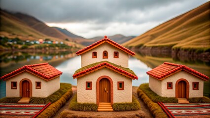Colorful houses sit on the edge of a lake surrounded by green hills in the hills