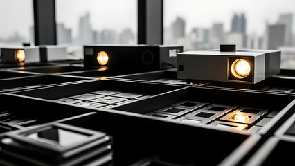 Multiple projector lamps shine brightly in a dark room with a cityscape view - Ai Generated