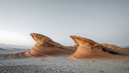 Unique sand formations in desert landscape at sunset