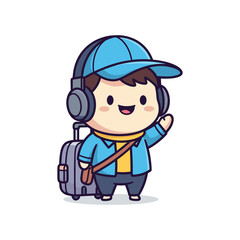 Obraz premium Cartoon Boy with Headphones and Backpack Illustration