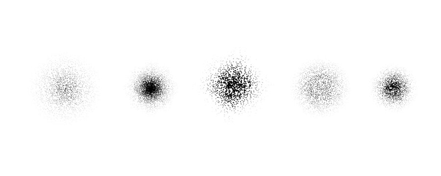 Circle stippled noise gradient collection. Round grain brush stroke set. Radial dusty sand elements. Dotted splatter overlay spots. Grunge sprinkle dotted spray texture. Vector gritty splashed piles