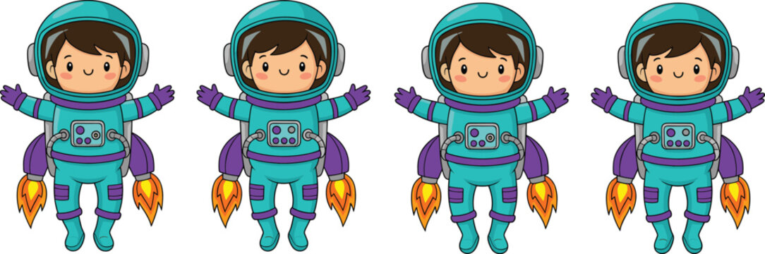 Cute astronaut kid character vector set in spacesuit with jetpack for space exploration, education, cartoon design