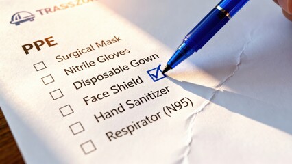 Pandemic Preparedness Lessons concept. Checklist for personal protective equipment with selected items marked.
