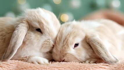 Two adorable bunnies cuddling together on a soft blanket.