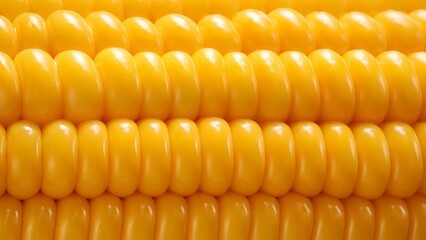 Macro close-up of fresh corn kernels with smooth glossy texture, vibrant yellow color, and natural...