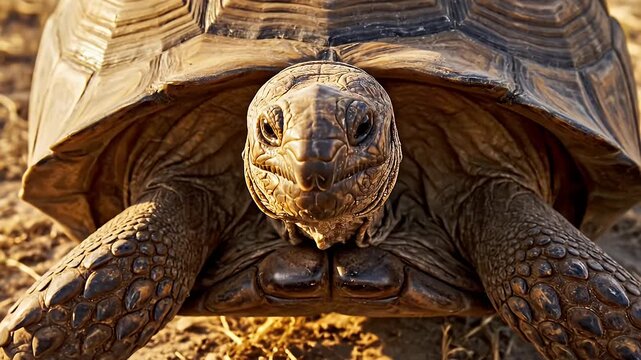 Close-up of a tortoise, showcasing its shell and head, in natural habitat.