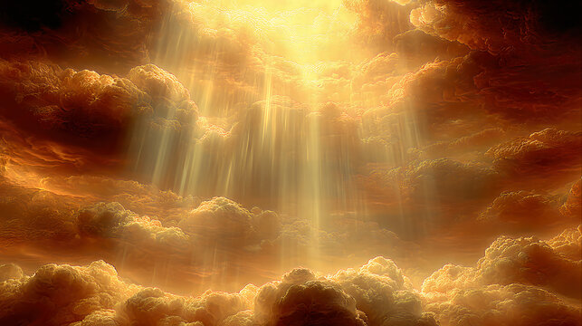 Dramatic, majestic golden clouds frame an epic spiritual light source with numerous sun rays illuminating the sky, conveying divine energy and a heavenly atmosphere.