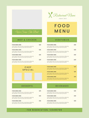Modern food menu template for restaurant. Simple cafe menu design.
