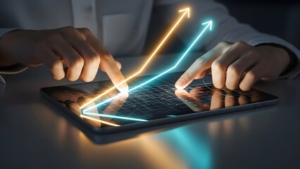 Person using a tablet to analyze financial data with glowing upward trending lines.