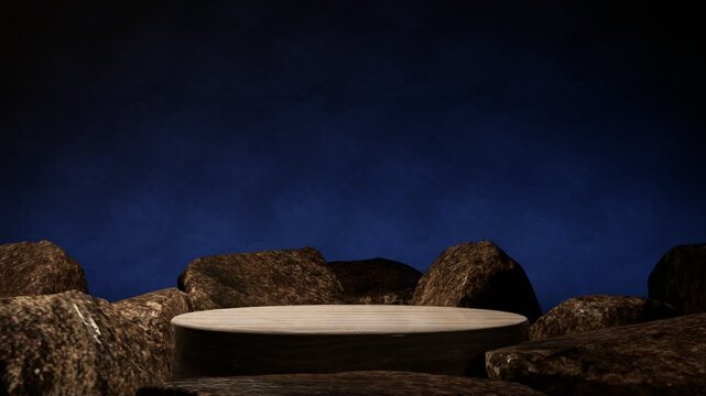 Stone podium surrounded by rocks with deep blue dark background, minimal luxury stage for product presentation, premium branding and cosmetic mockup, 3d rendering
