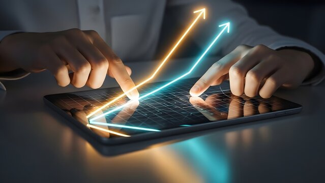 Person using a tablet to analyze financial data with glowing upward trending lines. - Powered by Adobe