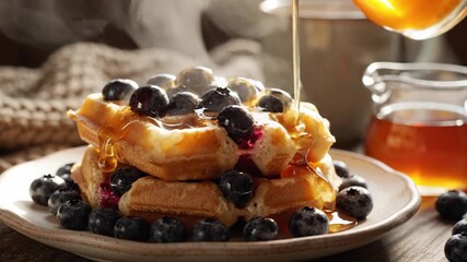 Golden waffles topped with blueberries as syrup cascades onto a cozy rustic breakfast spread nearby - Powered by Adobe