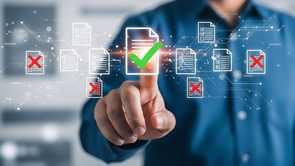 Businessman approves documents with green checkmark in modern office