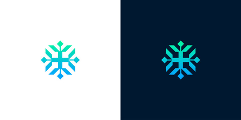 Modern abstract geometric emblem with a vibrant blue and teal gradient, symbolizing innovation, connection, and symmetrical balance for corporate identity or digital technology branding
