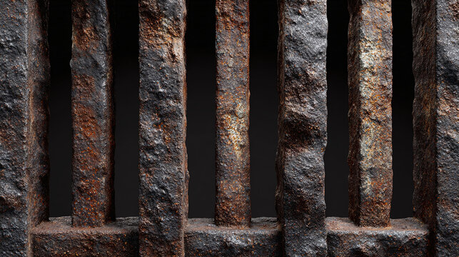 An old and weathered jail bars, evoking a sense of confinement and decay. The bars are made of rusty iron, with close-up view.