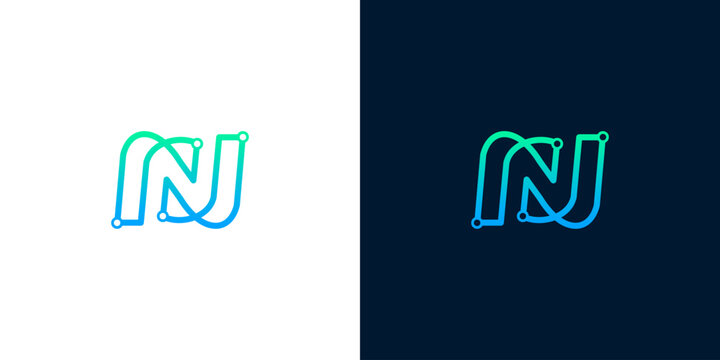 Modern and sleek NJ monogram logo, elegant lettermark with gradient colors on white and dark backgrounds, abstract design
