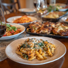 Hearty Penne Pasta with Spinach and Meat Served on a Communal Family Dinner Table.