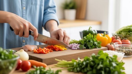 Person chopping fresh vegetables on a wooden board in a bright kitchen.