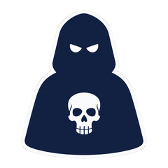 Hooded figure with skull icon in blue.