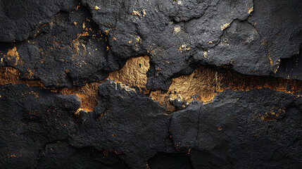 A striking close-up of dark rock formations, with veins of shimmering gold running through them, creating a mesmerizing contrast