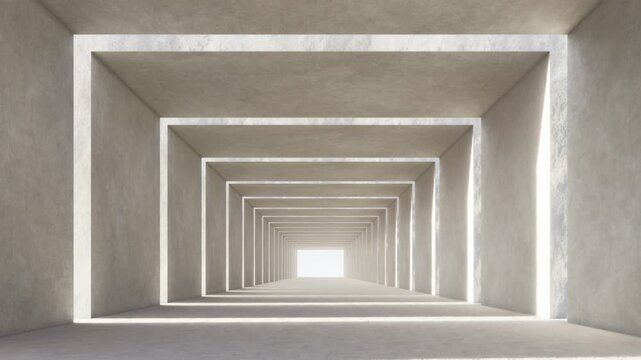 Minimal futuristic corridor with geometric frames and soft white lighting, creating depth, symmetry, and a clean architectural space for modern design concepts, 3d rendering