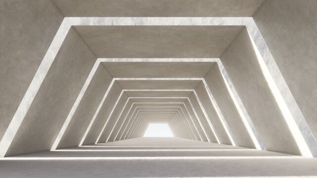 Minimal futuristic corridor with geometric frames and soft white lighting, creating depth, symmetry, and a clean architectural space for modern design concepts, 3d rendering