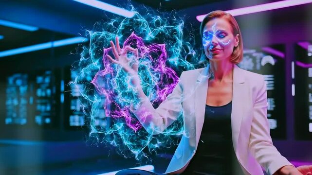 woman meditating with glowing energy mandala, hands gesturing to pulsing holographic form, neon studio workspace and data displays, calm focused expression and mindful tech fusion