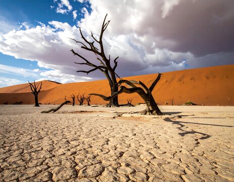 A desert landscape with dead trees and sand dunes under a cloudy sky