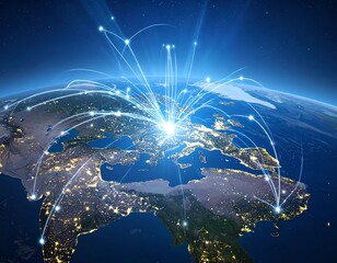 Earth at night with connecting lines radiating outwards from a central point