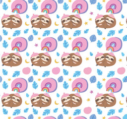 Obraz premium Cute seamless sloth pattern vector with rainbows, leaves, stars for kids fabric, wallpaper, nursery background design