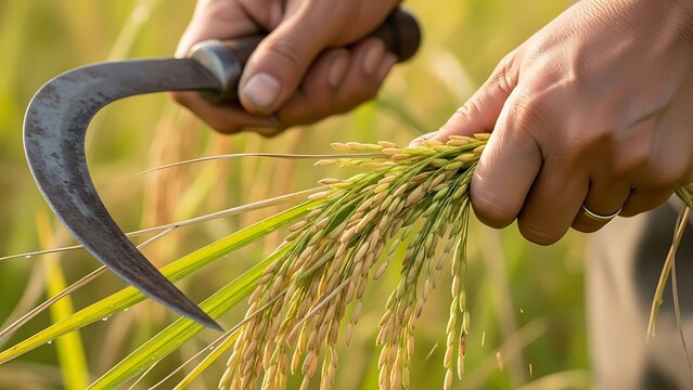 A person harvesting rice in a field with a sickle