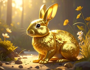 A golden, decorative bunny basks in soft sunlight within a blurred forest backdrop, wildflowers dot the scene