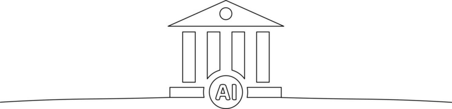 Ai symbol on a building with columns and triangular roof on a plain background