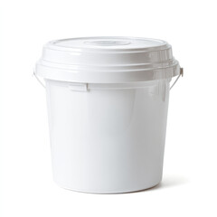 Clean white plastic bucket with a secure lid, isolated on a pristine white background, perfect for storage or product display.