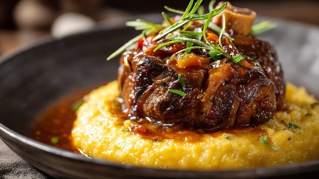 A single portion of slow-cooked osso buco rests on bright yellow cornmeal beside a dark, shallow serving dish.