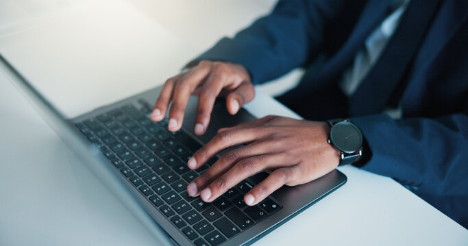 Hands, person and typing on laptop in office for research, email client and finance report. Above, accountant and tech for company audit, budget planning and financial information of investment offer